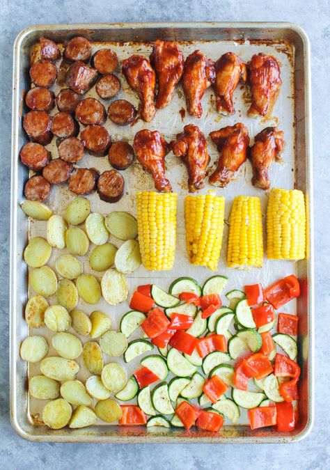 Baby Potatoes Roasted, Beef Sausage Recipes, Fresh Corn On The Cob, Corn In The Oven, Potatoes Roasted, Roast Zucchini, Sheet Pan Chicken, Beef Sausage, Oven Chicken