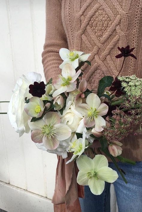 Minimalist Floral Bouquet, Hellebore Bridal Bouquet, Hellebore Boutonniere, Hart Floral, Flower Arragement, Modern Bridal Bouquets, Winter Bridal Bouquets, Small Bridal Bouquets, Modern Wedding Bouquets