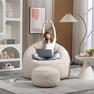 HMFULE Bean Bag Chair with Ottoman, Comfy Bean Bag Sofa Chair, High Pressure Foam Lazy Sofa, Modern Accent BeanBag Chairs for Living Room, Bedroom, Beige Ottoman Comfy, Daybed Guest Room, Beanbag Sofa, Comfy Bean Bag, Chair And Footstool, Bedroom Beige, Chairs For Living Room, Bean Bag Sofa, Sofa Modern