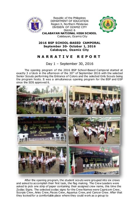 Republic of the Philippines  DEPARTMENT OF EDUCATION  Region X, Northern Mindanao  DIVISION OF OZAMIZ CITY  District 6  CALABAY... Narrative Report Sample, Ozamiz City, Narrative Report, Northern Mindanao, Department Of Education, The Philippines, Division, Philippines, High School