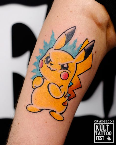 cartoon tattoo by ormogedon Pikachu Tattoo Design, Cartoons Tattoo, Pikachu Tattoo, Patchwork Tattoo, Tattoo Magazine, Illustration Tattoo, Pokemon Tattoo, Kawaii Tattoo, Women's Tattoo