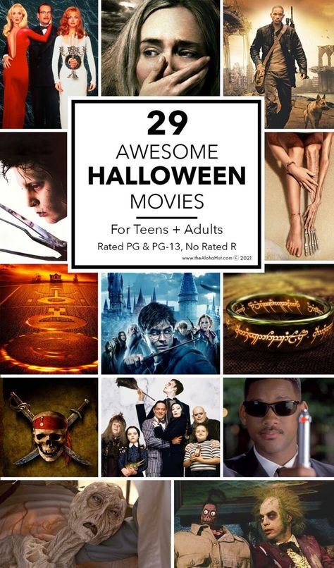 Looking for the best Halloween movies for teens and adults that are good? We've rounded up our top Halloween movies that are great for teens and adults with no rated R movies. We love having a Halloween movie nights during October (with some fun movie marathon nights). Check out our Teen and Adult Halloween Movie list: A Quiet Place, Harry Potter, Beetlejuice, Pirates of the Caribbean, and more. Host a fun movie night party this Halloween - even better if you can do an outdoor movie night! Halloween Movies For Teens, Top Halloween Movies, Best Family Halloween Movies, Movie Night List, Top Scary Movies, Family Halloween Movies, Kid Friendly Halloween Movies, Movies For Teens, Halloween Movie Night Party