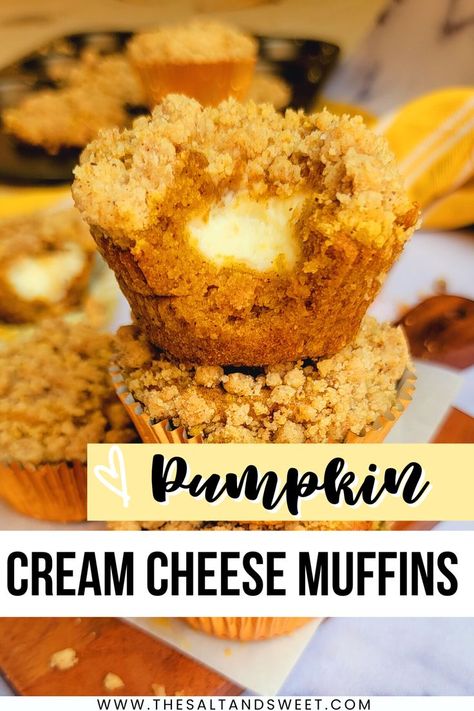 Pumpkin Cream Cheese Muffins packed with pumpkins and a surprise cream cheese filling, then topped with a crumbly streusel topping. These moist pumpkin muffins make the best breakfast treat! They taste AND smell incredible! Fluffy Pumpkin Cheesecake, Cream Cheese Filled Pumpkin Muffins, Moist Pumpkin Muffins, Pumpkin Cheesecake Muffins, Honey Muffins, Pumpkin Roll Cake, Cheesecake Muffins, Pumpkin Cream Cheese Muffins, Cream Cheese Topping