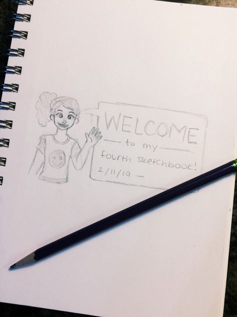 The opening page of the sketchbook. Usually I like to draw myself welcoming people. Sketch Book Opening Page, Sketch Book Welcome Page Ideas, Opening Sketchbook Page, Opening Page Sketchbook, Sketch Book Opening Page Ideas, Welcome Pages Sketchbook, Welcome To My Sketchbook Ideas, What To Draw On The First Page, Welcome Sketchbook Page