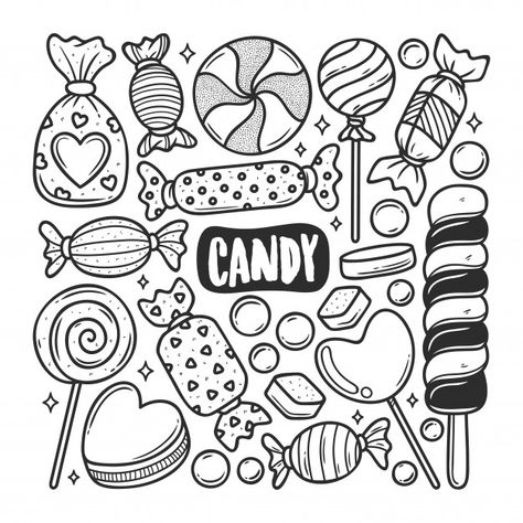 Candy icons hand drawn doodle coloring F... | Premium Vector #Freepik #vector #icon Candy Sketch, Icons Hand Drawn, Hand Cartoon, Candy Icon, Sketch Images, Jessica Hische, Drawn Typography, Herb Lubalin, Fonts Calligraphy