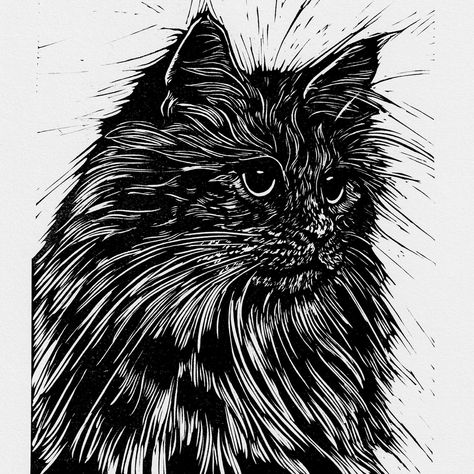 A slightly older addition to my #etsy shop but one which has been popular recently :) Fluffy cat // Original A4 Linocut print, cat, pet portrait handprinted in quality materials. https://etsy.me/3unioGk #print #linocut#kitten #handprinted #animal #cat Black Cat Lino Print, Linocut Prints Animals, Linocut Cat Print, Etching Prints Ideas, Black Cat Linocut, Lino Print Cat, Linolium Printing Easy, Linocut Easy, Lino Print Portrait