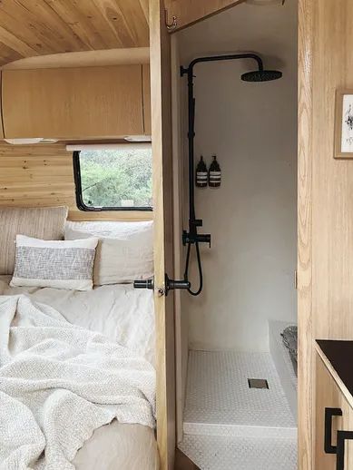 Scandi Caravan Interior, Camper Interior Hacks, Family Caravan Renovation, Scandinavian Camper Interior, Van Fit Out, Mini Camper Interior, Scandi Van, Camper Van Makeover, Blonde Cabinets