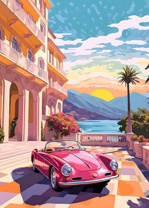 Vintage Cars Painting, Monaco Painting, Monaco Drawing, Retro Painting Ideas, Car Wall Painting, Paintings Of Cars, Monaco Illustration, Colourful Wall Painting, Car Painting Ideas