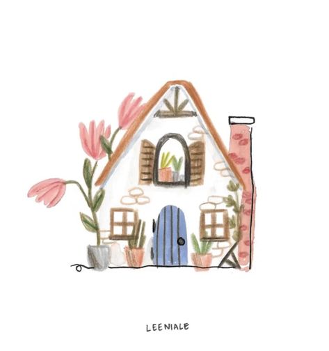 Cute House Drawing Aesthetic, Simple Cottage Drawing, Pink House Drawing, Cottage Core House Drawing, Kawaii House Drawing, Simple Pretty Drawings, How To Draw A Cottage, Cute Home Illustration, Home Aesthetic Drawing