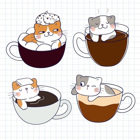 Cat In Mug Drawing, Cat Drinking Coffee Drawing, Coffee Mugs Drawing, Cat Coffee Illustration, Coffee Mug Vector, Tea Cartoon, Tea Cup Drawing, Coffee Cup Drawing, Mug Drawing