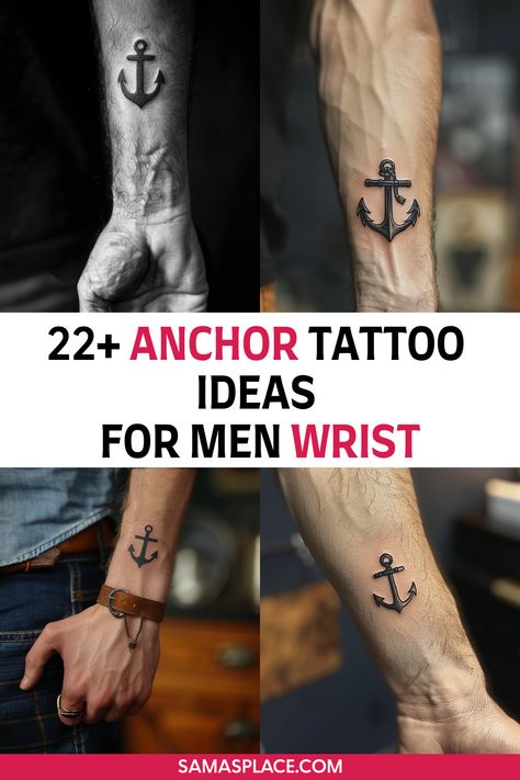 Small anchor tattoo on a man’s wrist with clean lines and minimalist design for a stylish look. Minimalist Tattoo Men Chest, Men’s Small Tattoos Wrist, Small Tattoos For Guys With Meaning, Simple Forearm Tattoo Men, Wrist Tattoo Men, Anchor Tattoo For Men, Tattoos On The Wrist, Navy Anchor Tattoos, Anchor Tattoo Ideas