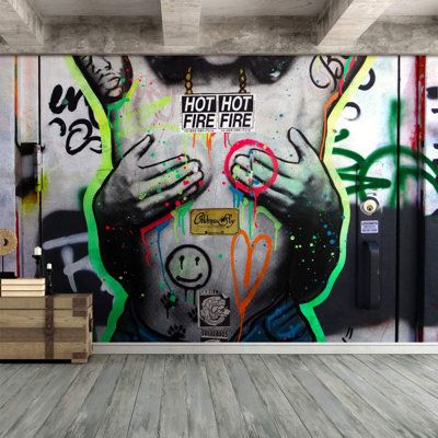 Wall's large wall murals are extremely easy to apple, remove, or reposition. Just peel & stick. | IDEA4WALL Colourful Graffiti black/gray/Green 66.0 in, Vinyl | Home Decor | SFTA5466_88673351 | Wayfair Canada Graffiti Room, Abstract Wall Mural, Black Painted Walls, Creative Wall Painting, Large Wall Murals, Colorful Graffiti, Graffiti Murals, Graffiti Painting, Wall Stickers Bedroom