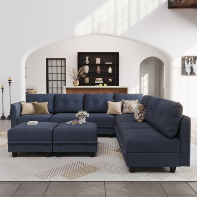 This generous modular sofa living room set brings retro-modern style and contemporary allure to your living space. Featuring velvet-touch thick polyester fabric, water resistant and stain resistant. modular pieces with high-density foam and pocketed springs, and a eucalyptus frame with plenty of weight-bearing capacity offer a luxury seating experience. Body Fabric: Navy Blue Polyester Blend | Latitude Run® Zendajas 3 - Piece Living Room Set Polyester in Blue | 34 H x 112 W x 25 D in | Wayfair L Modular Sofa Living Room, Cozy Maximalism, Girly Items, Sectional With Storage, Apartment Cozy, Modular Sofa Bed, Blue Sectional, Small Sectional Sofa, U Shaped Couch