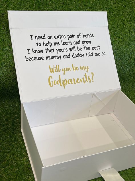 Personalised Godparents Godmother Godfather Proposal Large White Ribbon Silk Ribbon Magnetic box 35.5 x23.5x 10.5 cm  luxury wholesale gifts Godparents  Godmother  Godfather can do any kid of proposal 7 word maximum inside for $20AUD extra for additional How To Ask Your Godparents Cute Ideas, Godparent Request Ideas Diy, God Mom Proposal Ideas, God Parent Proposal Ideas, Godfather Proposal Ideas, Godparents Proposal Ideas, Godmother Proposal Ideas, Godparent Request Ideas, Godfather Proposal