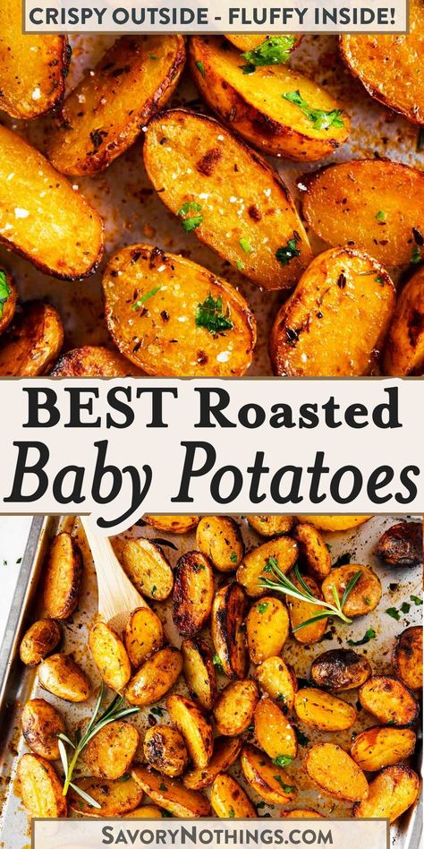 Roasted Baby Potatoes are not only delicious, but they also look so pretty! Try them as a side dish for your next big family dinner or holiday gathering – these are always a big hit with everyone! | #babypotatoes #potatoes #easyrecipes How To Cook Fingerling Potatoes In Oven, Tasteful Selections Potatoes, Crispy New Potatoes, Fingerlings Potatoes Recipes, Best Fingerling Potatoes Recipe, Recipes With Fingerling Potatoes, Roasted Baby Potatoes And Carrots, Finger Link Potatoes Recipes, Baked Fingerling Potatoes In The Oven