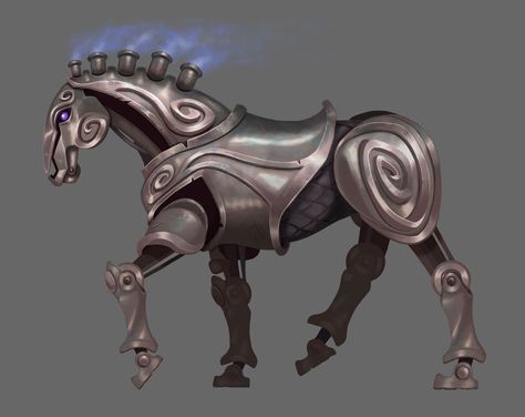 Automaton Horse Art - Immortals Fenyx Rising Art Gallery Steampunk Horse Art, Robot Horse Concept Art, Automaton Fantasy Art, Fantasy Automatons, Dnd Construct, Horse Concept Art, Robot Horse, Mechanical Horse, Horse Mask