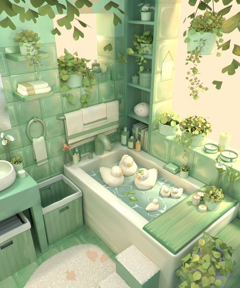 Bathroom Cute, Kawaii Green, Aesthetic Bath, Duck Wallpaper, Duck Art, Flower Texture, Bath Art, Cute Clay, Pink Wallpaper Iphone