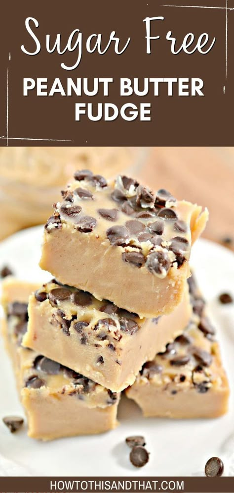 Sugar Free Peanut Butter Fudge is a rich, creamy peanut butter fudge topped with sugar free chocolate chips make this fudge feel so naughty, but it's guilt free! A small square is all it will take to satisfy the sweet tooth. Low Carb & Keto Friendly for those who allow peanut butter into their diet. It is best to choose an all natural type of peanut butter. Sugar Free Peanut Butter Fudge, Creamy Peanut Butter Fudge, Sugar Free Cookie Recipes, Sugar Free Fudge, Sugar Free Desserts Easy, Low Sugar Desserts, Sugar Free Peanut Butter, Keto Fudge, Keto Peanut Butter