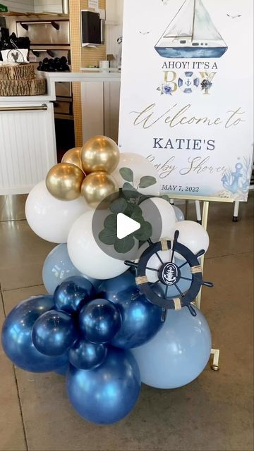 Ahoy It’s A Boy Baby Shower Theme, Nautical Baby Shower Centerpiece Ideas, Ahoy It’s A Boy Baby Shower Decorations, Nautical Balloon Arch, Nautical Theme Decorations, Ahoy Its A Boy Baby Shower Ideas, Nautical Gender Reveal, Oh Boy Baby Shower Ideas, Boy Baby Shower Ideas Themes