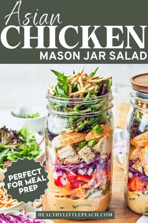 Asian Mason Jar Salad Recipes, Asian Salad In A Jar, Asian Salad Meal Prep, Mason Jar Pasta Salad Healthy, Mason Jar Wedge Salad, Bbq Chicken Mason Jar Salad, Glass Jar Salads, Homemade Asian Salad Dressing, Asian Mason Jar Salad