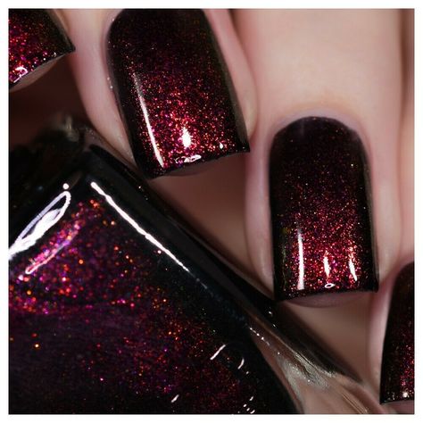 » VISIT STORE «  ILNP Lights Out  Description  A true knockout, Lights Out is a rich black shimmer nail polish with a fiery center. Precisely loaded with a variety of glowing red to gold to green shifting sparkle, made to compliment a deep base, Lights Out offers drool-worthy contrast! The semi-translucent, jelly-leaning formula of our shimmer polishes allows for maximum balance, depth, and effect payoff. Great on their own or paired with your favorite base colors! Enjoy long-lasting coverage wi Red Black Sparkle Nails, Pomegranate Nail Color, Black Nail Polish Ideas, Black Shimmer Nails, Black Sparkle Nails, Plaid Nail Designs, Diy Pedicure, Shimmer Nail Polish, Nail Shimmer