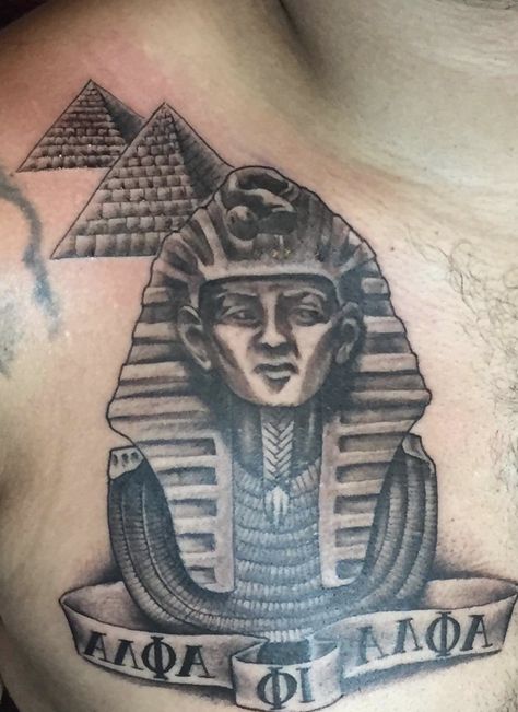 Egyptian Tattoo (Alpha Phi Alpha in Greek letters) Alpha Phi Alpha Tattoo, Alpha Tattoo Ideas, Alpha Tattoo, Sphinx Tattoo, Tattoos Cool, Africa Tattoos, Alpha Phi Alpha Fraternity, Egyptian Tattoo Sleeve, Alpha Fraternity