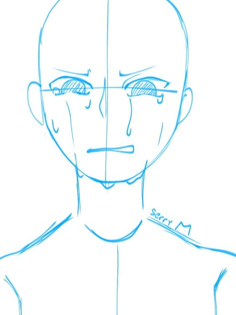 Nervous Anime Pose, Nervous Face Reference, How To Draw Nervous Face, Anime Face Close Up, Close Up Faces Drawing, Crying Sketch Ideas, Angry Drawing Base, Crying Draw Base, Crying Face Reference Draw