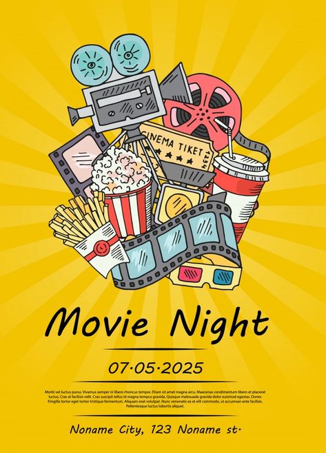 Cinema Doodle, Movie Night Poster, Film Festival Poster, Doodle Icons, Cinema Design, Night Festival, Night Illustration, Cinema Art, School Spirit Shirts