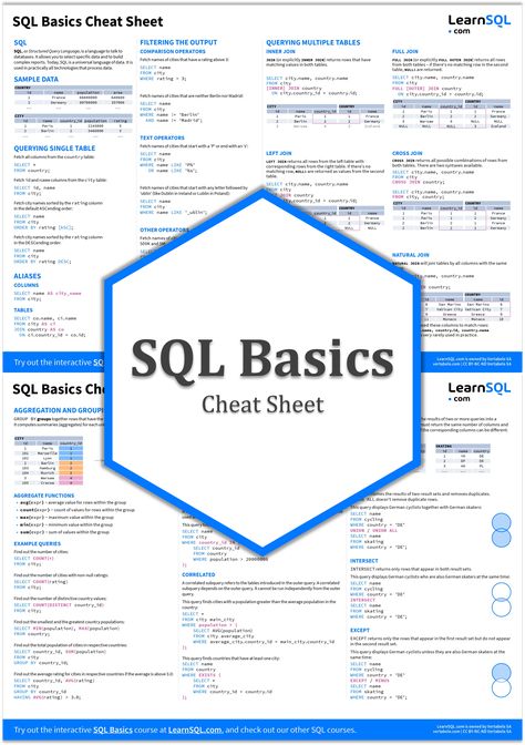 A .pdf CHEAT SHEET is available at the link.
The SQL Basics Cheat Sheet provides you with the syntax of all basics clauses, shows you how to write different conditions, and has examples. Itil 4 Cheat Sheet, Power Bi Cheat Sheet, Data Literacy, Sql Cheat Sheet, Marketing Planning Calendar, Editorial Calendar Template, Cost Sheet, Gantt Chart Templates, Marketing Calendar Template