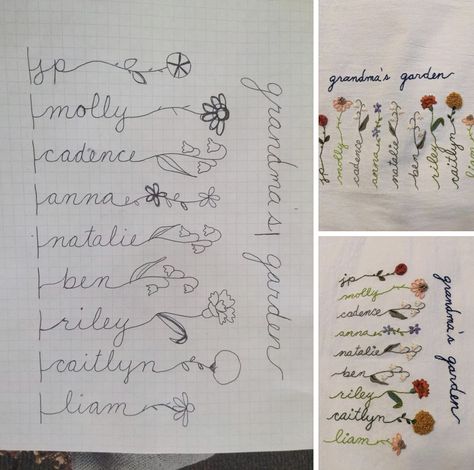 Idea from FB group Presents For Grandma, Garden Embroidery, Grandmas Garden, Family Garden, Hand Embroidery Projects, Birth Flower, Embroidery Inspiration, Birth Flowers, Embroidery Projects