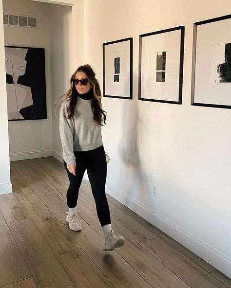 a casual daytime outfit and fall style inspiration — layer a long sleeve turtleneck under a sweatshirt and pair with leggings, ankle socks, and sneakers for a comfortable daytime look that feels elevated #falloutfitideas #casualstyle #leggings #athleisure #classicstyle #sneakers #anklesocks Follow my shop rachelmoore on the @shop.LTK app to shop this post and get my exclusive app-only content! #liketkit #LTKfindsunder100 #LTKstyletip #LTKSeasonal @shop.ltk https://liketk.it/4oszS Nike Turtleneck Outfit, Turtleneck And Crewneck Outfit, T Shirt With Turtleneck Outfit, Turtleneck Crewneck Outfit, Crewneck With Turtleneck Underneath, Turtleneck Under Sweatshirt, Turtleneck Under Sweatshirt Outfit, Collared Shirt Under Sweatshirt Outfit, Crewneck With Turtleneck