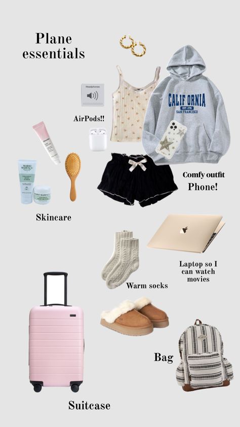 Plane essentials #plane #airport #airportoutfit #skincare #winter #autumn #summer Plane Fits Summer, Holiday Bag Packing, Airport Outfit Essentials, Air Plane Essentials, What To Pack For A Plane, Airport Essentials Aesthetic, Things You Need On A Plane, Airport Carry On Essentials, Plane Checklist