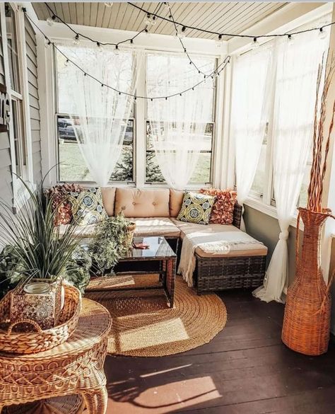 Boho Covered Porch, Sunroom Small House, Sunroom Day Bed, How To Style A Large Open Living Room, Rocking Chairs In Sunroom, Cozy Boho Porch Ideas, Cozy Enclosed Porch, Boho 3 Season Room, Small Sunroom Plants