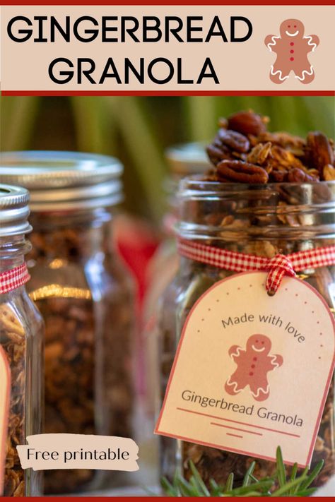 Adorable, delicious and easy-to-make, this Gingerbread Granola makes for a perfect Holiday Treat and Gift! #MasonJar #MasonJarGifts #Granola #Gingerbread via @savorandsavvy Christmas Granola Gift In A Jar, Gingerbread Gifts Ideas, Food Christmas Gifts Homemade, Gingerbread Gift Ideas, Christmas Granola Recipe, Granola Gift Ideas, Homemade Granola Gift, Granola Christmas Gift, Granola Gift Basket