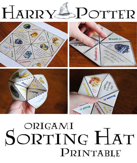 One of my favorite scenes from the Harry Potter books is when Harry gets sorted into his Hogwarts House by the Sorting Hat.  You can feel Harry's extreme relief when he gets placed into Gryffindor!  Anything but... Harry Potter Party Ideas, Harry Potter Weihnachten, Harry Potter Day, Classe Harry Potter, Cumpleaños Harry Potter, Cootie Catcher, Harry Potter Bday, Harry Potter Classroom, Halloween Fest