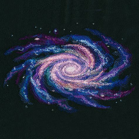 The dreamy colors of space come together to form this swirling galaxy. Create mesmerizing pillows, totes, wall hangings, and more. This machine embroidery design contains sheer stitching and open areas; embroider on dark-colored fabrics for best results. Dreamy Colors, Illusion Drawings, Rhinestone Crafts, Freestanding Lace Embroidery, Batik Art, Urban Threads, Mandala Art Lesson, Spotify Playlists, Applique Embroidery Designs