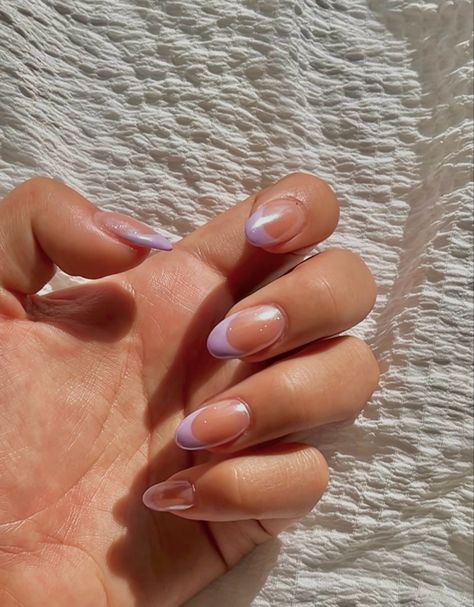 Chrome light purple French tips nails on white fabric background Lavender French Tips, Spring Colors For Nails, Colors For Nails, French Tips Nails, Purple Chrome Nails, Light Purple Nails, Hoco Nails, Tips Nails, Nails Elegant