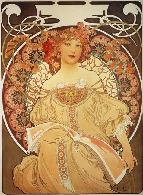 Alphonse Mucha, "Rêverie" 1897. Like Zodiac, this lithograph was originally designed to serve as the 1898 Champenois company calendar. However, its immediate popularity led to its swift publication by the magazine La Plume as a decorative panel with the title Reverie (daydream). French Art Nouveau Alfons Maria Mucha, Art Nouveau Mucha, Nouveau Illustration, Alphonse Mucha Art, Istoria Artei, Mucha Art, Alfons Mucha, Art Nouveau Poster, Flowers In Her Hair