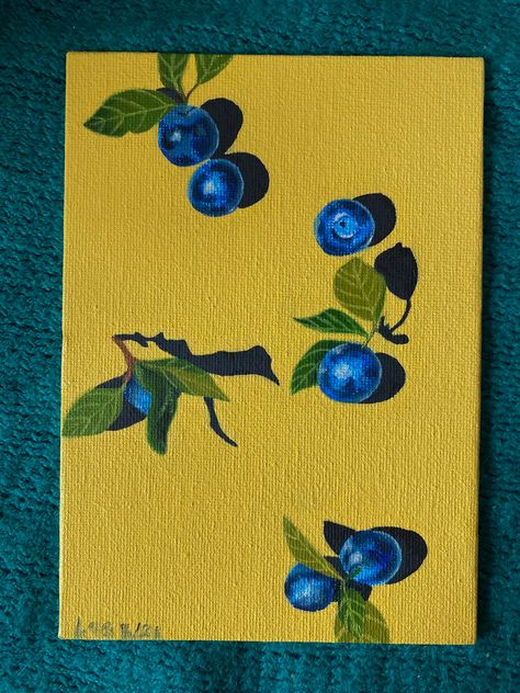 Mini Canvas Fruit Painting, Blueberry Acrylic Painting, Mini Fruit Painting, Blueberry Oil Painting, Fruit Paintings Acrylic, Blueberry Painting Easy, Painting Ideas On Canvas Fruit, Simple Fruit Painting, Fruit Painting Easy