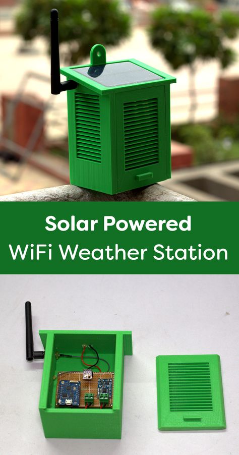 How to build a Solar powered WiFi Weather Station with a Wemos board. The Wemos D1 Mini Pro have small form-factor and wide range of plug-and-play shields make it an ideal solution for quickly getting started with programming the ESP8266 SoC. It is an inexpensive way to build Internet Of things ( IoT ) and is Arduino compatible. Proyek Arduino, Projets Raspberry Pi, Raspberry Projects, Esp8266 Arduino, Iot Projects, Teknologi Gadget, Diy Tech, Tech Diy, Raspberry Pi Projects