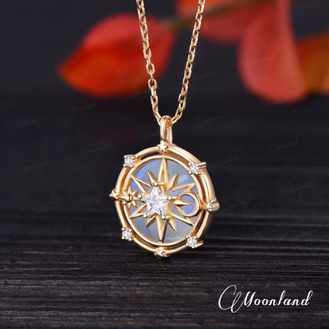 Vintage Moonstone Necklace Yellow Gold North Star Compass - Etsy Necklace Pendant Design, Star Fits, Weird Earrings, Jewelry Drawer, Compass Necklace, Celestial Necklace, Magical Jewelry, Atticus, Celestial Jewelry