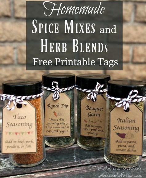 Make your own spice mixes and herb blends at home. These healthier versions save money and makes great homemade Christmas gifts with the free printable tags! Grab the recipes now! Homemade Spice Mixes, Diy Spice Mix, Herb Blends, Homemade Dry Mixes, Taco Mix, Homemade Spice Mix, Diy Food Gifts, Spice Mix Recipes, Diy Spices