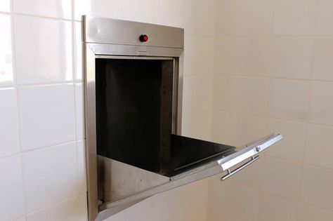 Garbage Chute_a chute in a building which rubbish and waste is thrown down to the main refuse bins, etc Trash Chute, Garbage Collection, Fire Rated Doors, High Rise Apartments, Cleaning Guide, Greater Noida, Fire Doors, Waste Disposal, Garbage Disposal