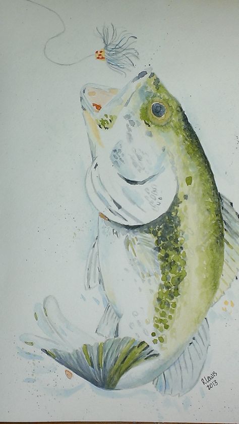 Bubba's bass Bass Watercolor Paintings, Watercolor Bass Fish, Bass Fish Painting, Watercolor Paintings Fish, Oil Pastel Animals, Bass Watercolor, Bass Drawing, Watercolor Fish Painting, Bass Painting