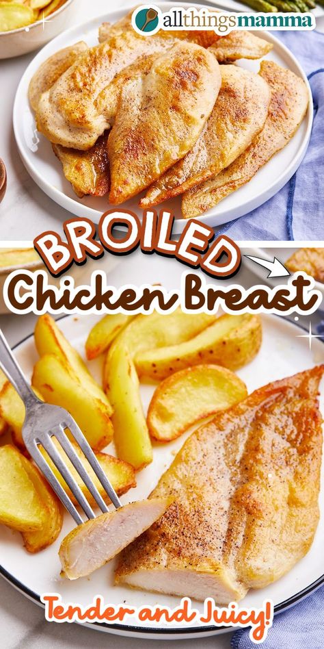 Juicy Broiled Chicken Breast social collage graphic Broiling Chicken In Oven, Broil Chicken In Oven, Broiled Chicken Tenders, Broiled Recipes, Broiled Chicken Breast, Broiled Chicken Recipes, Broil Chicken, Cook Chicken In Oven, Braised Chicken Breast