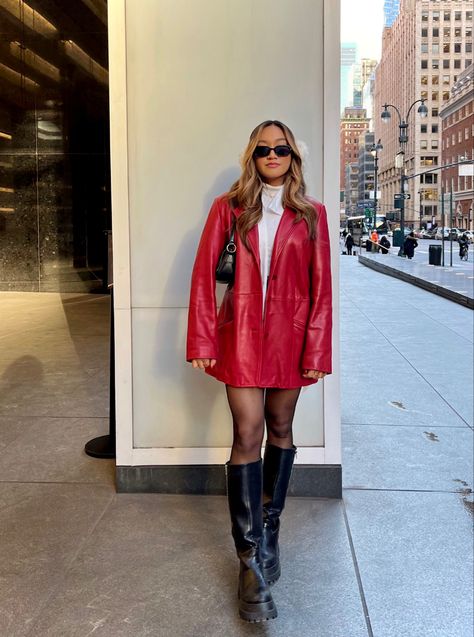 Fall Fashion 2023 Red, Red Leather Coat Outfits, Red Jacket Winter Outfit, Red Boots Fall Outfit, Red Platform Boots Outfit, Red Leather Vest Outfit, Santacon Outfits Women Nyc, Red Gogo Boots Outfit, Long Red Leather Jacket