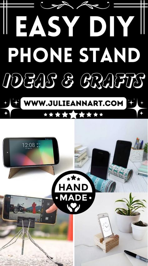 DIY Phone Stand Ideas Phone Stand Ideas, Diy Cell Phone Stand, Cell Phone Holder Diy, Humidor Plans, Diy Tripod, Fall Mason Jar Crafts, Diy Phone Stand, Diy Desk Calendar, Phone Stand For Desk