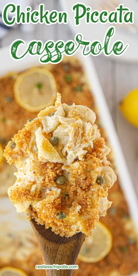 Creamy chicken piccata casserole is a comforting recipe with tender chicken, zesty lemon, and capers, all tucked under a golden, crispy, buttery crumb topping. Your family will love it, and you'll love how easy it is to whip up. Taste Of Home Chicken Piccata, Lemon Chicken Pasta Casserole, Lemon Chicken Casserole Recipes, Chicken And Capers Recipe, Chicken Piccata Casserole, Recipes With Capers, Lemon Chicken Casserole, Chicken With Capers, Creamy Chicken Piccata