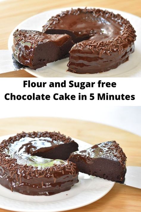 5 minutes chocolate cake without flour, sugar, oil or butter and only requires 4 Ingredients. Diet Cake Recipes No Sugar, No Flour Cakes, No Flour Cake Recipes, Baking Without Flour, Desserts Without Flour, Dessert Without Flour, No Flour Cake, Sugarless Cake, Cake Without Flour