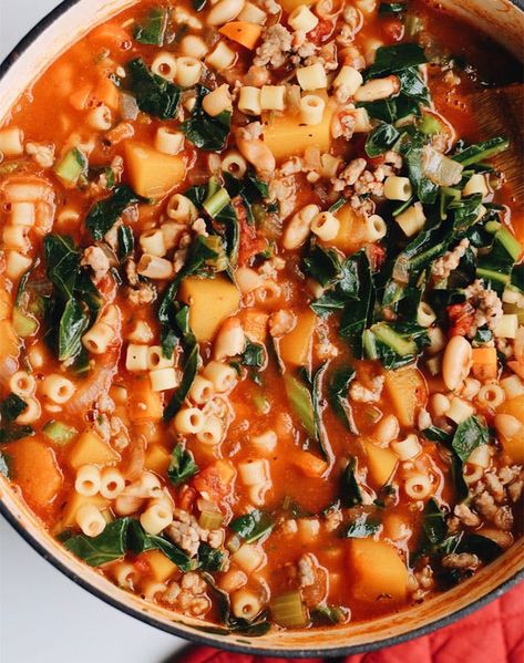 31 Seasonally Inspired Meals to Make October - PureWow Dinner Recipes Italian Sausage, Recipes Italian Sausage, Sausage And Butternut Squash, Dinner Recipes Italian, Soup With Italian Sausage, Soup Hearty, Culinary Chef, Chard Recipes, Italian Sausage Soup